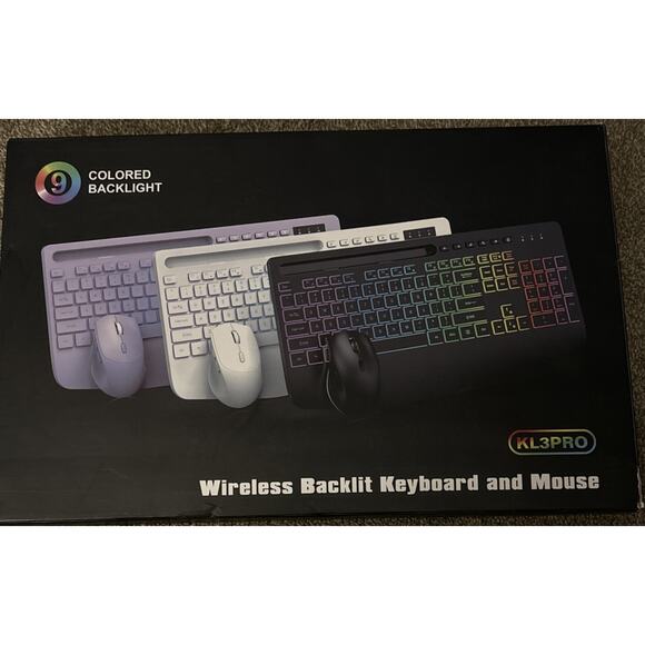 Wireless Keyboard and Mouse Combo, 9 Backlit Effects, Wrist Rest, Phone Holder - Picture 1 of 4